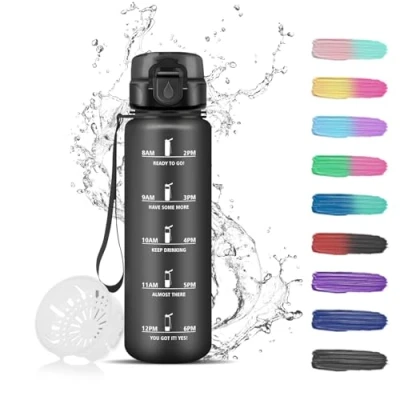 Abbildung von Trinkflasche, 500ml Trinkflasche Kinder, mit Zeitmarkierung Filter, Auslaufsicher, Leicht zu Reinigen, Sporttrinkflasche für Schule, Fahrrad, Camping, Running, Schwarz