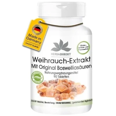 Abbildung von Weihrauch Tabletten Extrakt 90 Boswellia Serrata 400mg Indischer Weihrauchextrakt mind. 65% Säuren vegan hochdosiert HERBADIREKT Deutsche Apothekenqualität
