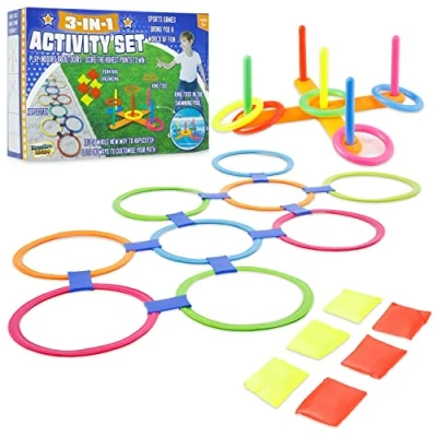 Abbildung von Outdoor Spiele für Kinder Set Gartenspiele Sackhüpfen Eierlaufen Tauziehen Dosenwerfen Himmel und Hölle Ring Toss Bean Bag Kinderspiele Wurfspiele Family Indoor (Set 3 in 1)