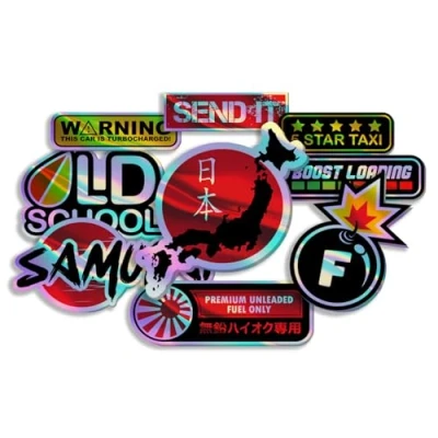 Abbildung von Finest Folia JDM Aufkleber Set für Auto Motorrad Helm Japan Stickerbomb japanische OEM Sticker Tuning Autoaufkleber Folie selbstklebend wetterfest R207 (Stickerbogen 4, Mit Hologramm Effekt)