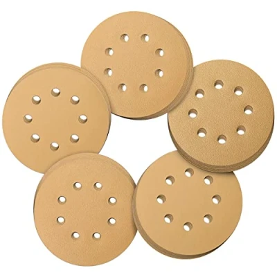 Abbildung von WORKPRO Schleifpapier 125mm Klett, Dreimal Verschleißfestigkeit, Schleifscheiben Exzenterschleifpapier Schleifblätter 50 Stück Rund Klett für Exzenterschleifer, 8 Löcher in Gold, 80/120/240 Körnung