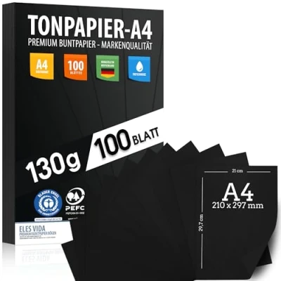 Abbildung von 100 Stück Schwarz TONZEICHENpapier A4 130g stark Schwarze Blätter Bastel Bogen Vollschwarz Stabiles Zeichenpapier, Pappe zum Basteln, Zeichenkarton DIY Kreativ Zubehör für Fotoalben