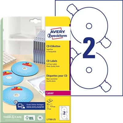 Abbildung von AVERY Zweckform L7760 25 selbstklebende CD Etiketten (50 blickdichte Aufkleber, Ø 117mm auf A4, SuperSize, Papier hochglänzend, bedruckbare Klebeetiketten für alle Laser Drucker) Blatt, weiß