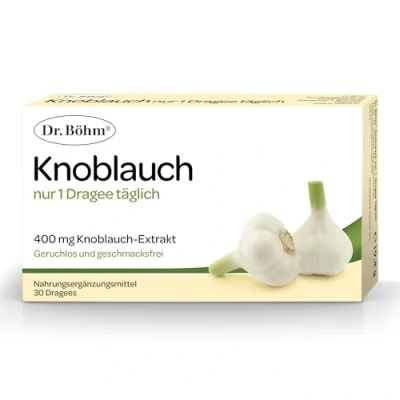 Abbildung von Dr. Böhm Knoblauch nur 1 Dragee täglich: Für Herz, Gefäße, Kreislauf, Cholesterinspiegel und normale Bluttfettwerte, mit Extrakt, 30 Dragees