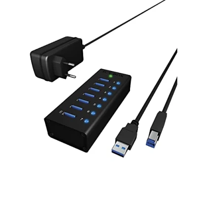 Abbildung von Icy Box IB AC6701 7 fach USB 3.0 Hub mit integriertem Kabel und Aluminium Gehäuse (inkl. 5 V / 4 A Stromadapter) silber