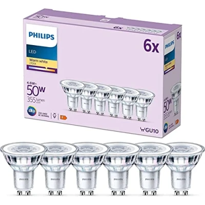 Abbildung von Philips Classic LED GU10 Lampe, 50W, klar, warmweiß, nicht dimmbar, 6er Pack