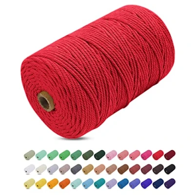 Abbildung von Makramee Garn Rot, Uiopa 3mm x 200m Farbig Baumwollkordel Baumwollseil Geflochten Baumwollgarn Baumwollschnur, 4 Stränge für Wandbehang, Hängepflanze, DIY Boho Deko