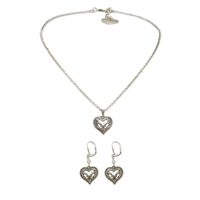 Abbildung von Alpenflüstern Trachtenschmuck Set Metall Trachtenkette und Trachten Ohrhänger Strassherz Hirsch Damen Schmuck Trachtenset Dirndl Kette Ohrringe (antik silber farben) SET058