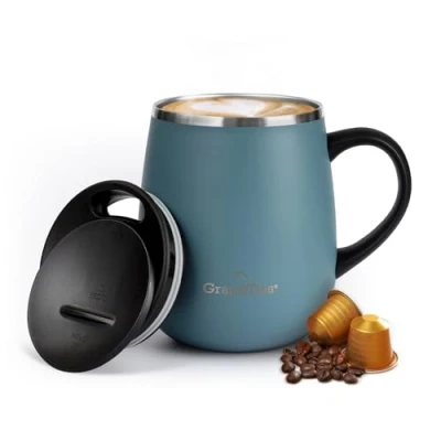 Abbildung von GRANDTIES Insulated Coffee Mug with Handle Sliding Lid for Splash Proof 16 oz Wine Glass Shape Thermal Tumbler Double Walled Vacuum Stainless Steel to Keeps Beverages Hot or Cold Atlantis Blue