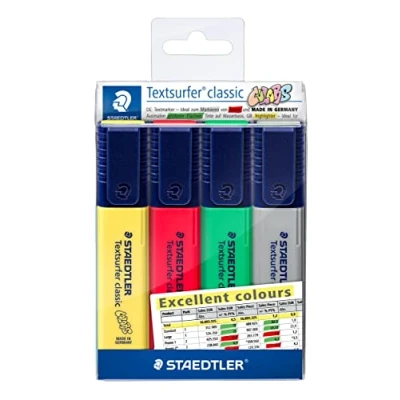 Abbildung von STAEDTLER Textsurfer classic, Textmarker (hohe Qualität Made in Germany, mit großem Tintenspeicher, Etui 4 Excellent colours, auch zum Hervorheben von Tabellenauswertungen), 364 CWP4 X