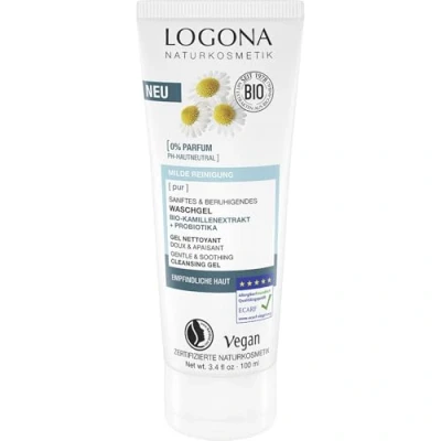 Abbildung von LOGONA Naturkosmetik PUR Sanftes &amp; beruhigendes Waschgel mit Bio Kamillenextrakt Probiotika, pH hautneutrales Reinigungsgel für empfindliche Haut, eine reine Gesichtshaut, 100ml