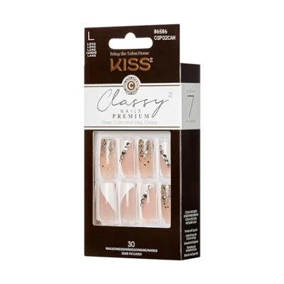 Abbildung von KISS Classy Nails Premium Gorgeous, Maniküre Set, lange Länge Coffin, Kunstnägel, inklusive Nagelkleber, Minifeile, Manikürestäbchen und 30 Kunstnägel