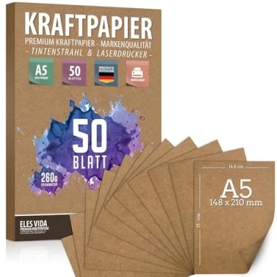 Abbildung von 50 Blatt Kraftpapier A5 Set 260 g 14,8 x 21 cm DIN Format Bastelpapier &amp; Naturkarton Pappe Blätter aus Kraftkarton zum Drucken, Kartonpapier Basteln für Vintage Hochzeit Geschenke Etiketten