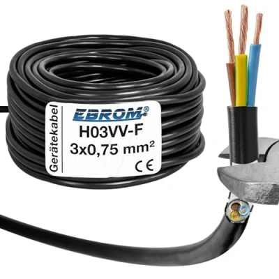 Abbildung von EBROM Kunststoff Schlauchleitung RUND, Kabel, Stromkabel, Leitung, Gerätekabel H03VV F 3x0,75 mm² Farbe: schwarz, viele Längen in 5 Meter Schritten bis 200 3G0,75 mm2, Ihre Kabellänge: