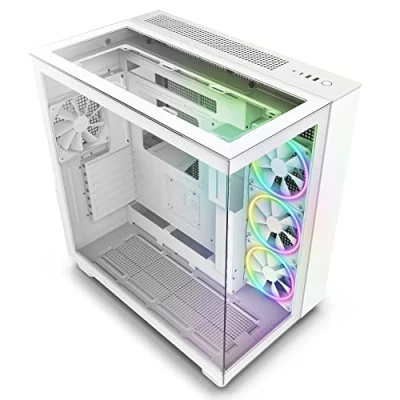 Abbildung von NZXT H9 Elite Dual Chamber ATX Mid Tower PC Gaming Gehäuse CM H91EW 01 Enthält 3 x 120mm F120 RGB Duo Lüfter mit Controller Glasfront, Ober und Seitenteile Weiß