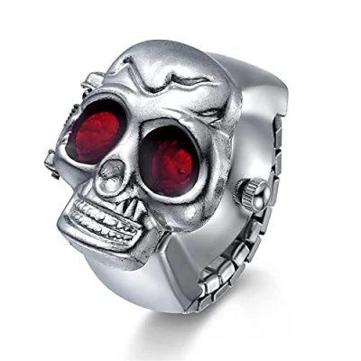 Abbildung von JewelryWe Herren Ringuhr Fingeruhr Analog Quarz Uhr Elastisch Totenkopf Schädel Ring Band Edelstahl Uhrenring