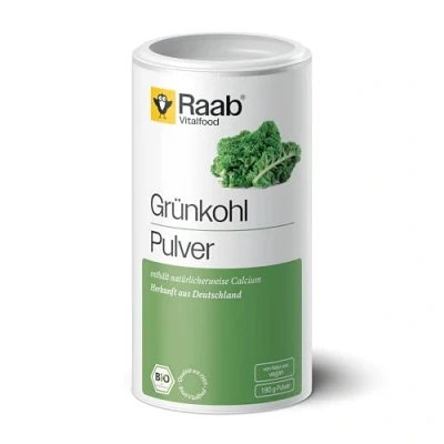 Abbildung von Raab Vitalfood Bio Grünkohl Pulver aus Deutschland, frei von Zusätzen, vegan, glutenfrei, enthält natürlicherweise Calcium, 190 g Dose, Deutschland