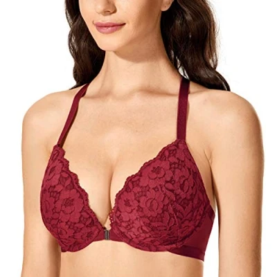 Abbildung von DOBREVA Damen Vorderverschluss BH mit Bügel Push Up Spitzen Neckholder BHS Racerback Tiefer Ausschnitt Gepolsterter Cerise 70A