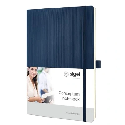 Abbildung von SIGEL CO317 Premium Notizbuch liniert, A4, Softcover, blau, aus nachhaltigem Papier Conceptum mit Seitenzahlen, Inhaltsverzeichnis, Stiftschlaufe, Falttasche