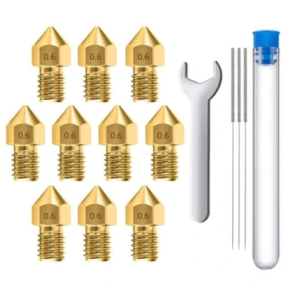 Abbildung von MMOBIEL 10 Stück Extruder für 3D Druckerdüsen, 0.6 mm, Messing MK8, kompatibel mit Creality Baureihe Ender 3, 5, CR 10/10S, Makerbot, inkl. 3 Reinigungsnadeln und Schraubenschlüssel