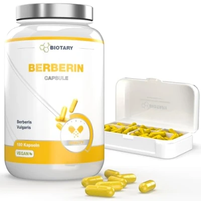 Abbildung von Berberin 1000 mg Tagesportion, 3 Monate Vorrat, 180 Kapseln, Inclusive Pillenbox, Hochdosierte Premium Qualität, Vegan und natürlich aus 97% Berberis Vulgaris, Ohne Magnesiumstearat