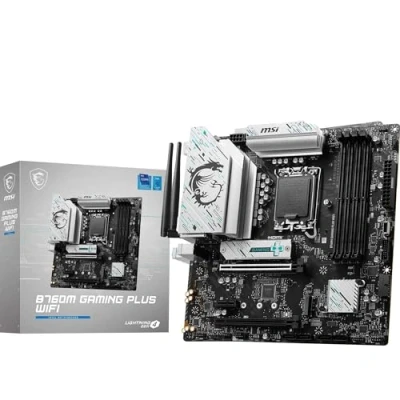 Abbildung von MSI B760M GAMING PLUS WIFI Motherboard, mATX Unterstützt Intel Core Prozessoren der 14., 13. und 12. Generation, LGA 1700 DDR5 6800+MHz/OC, 1x PCIe 4.0 x16, 2 x M.2 Gen4, 2.5G LAN, Wi Fi 6E