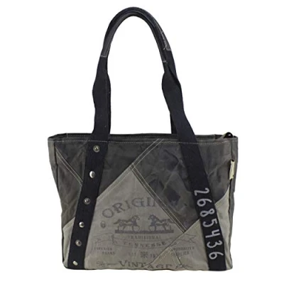 Abbildung von Sunsa Canvas Handtasche. Damen Shopper Tasche in Vintage Stil. Große Schultertasche. Schwarz/grau Tote bag.
