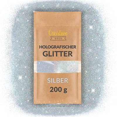 Abbildung von Creative Deco 200g Silber Holographischer Glitzerpulver Für Wandfarbe 0,2mm Glitzer Pulver Wand Farbzusätze Nagel Lack &amp; Epoxid Harz Zusatz Kunst Handwerk Schleim DIY