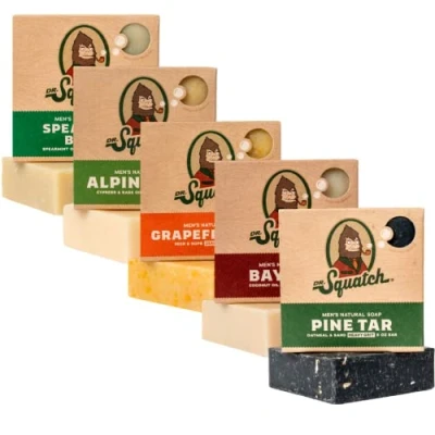 Abbildung von Dr. Squatch Alle natürlichen Seifenstücke für Männer, 5 Riegel Sortenpaket Alpensalbei, Lorbeer Rum, Kiefern Teer, Grapefruit IPA, Spearmint Basilikum
