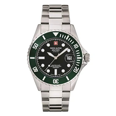 Abbildung von Swiss Alpine Military 7053.1 Master Diver Herren Armbanduhr, analog, Quarz, Edelstahl, Stahl/Grün/Schwarz 1133sam, Armband, Armband
