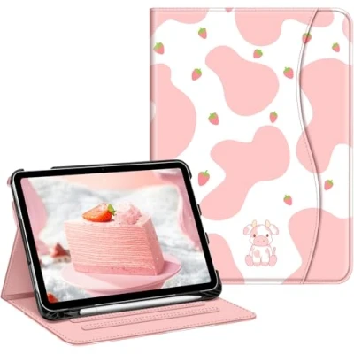 Abbildung von Fintie Hülle für iPad 10. Generation 2022 (10.9 Zoll) Multi Winkel Folio Schutzhülle mit Pencil Halter, Dokumentenfach und Auto Schlaf/Wach Funktion, (Z Strawberry Cow)