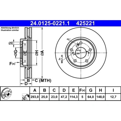 Abbildung von ATE 24.0125 0221.1 Bremsscheibe 293,0 25,0 5 114,3 Belüftet beschichtet HONDA: HR V II