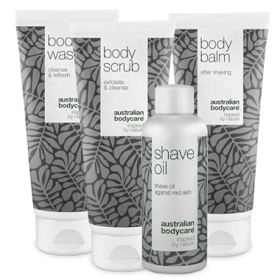Abbildung von Rasur Set für den ganzen Körper mit Körperwaschgel, Peeling, Balsam und Rasieröl Lösung eine komfortable Angereichert beruhigendem Teebaumöl Perfekt empfindliche Haut