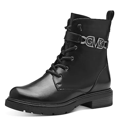 Abbildung von MARCO TOZZI by Guido Maria Kretschmer Damen Stiefeletten zum Schnüren aus Kunstleder mit Reißverschluss, Schwarz (Black/Gun Mtl), 39 EU