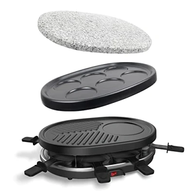 Abbildung von Leogreen Raclette Gerät, 4 in 1, multifunktional, für 8 Personen, Grillstein, Grillplatte, Crêpes Pfannen, Pfännchen, spülmaschinenfest, 900 W