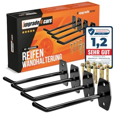Abbildung von Upgrade4cars Reifen Wandhalterung Garage für 4 Felgen Autoreifen Wandhaken bis zu 22 Zoll Reifenhalter Haken Set Edelstahl Reifenwandhalter Aufhängung Gummiert