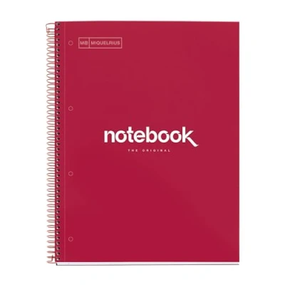 Abbildung von Miquelrius Notizbuch A4 Notebook, 1 farbiger Streifen, 80 Blatt mit horizontalem Lineatur 7 mm, Papier 90 g/m² mikroperforiert 4 Bohrungen für Ringe, Einband aus Karton, Farbe Rot