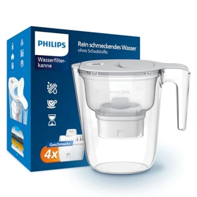 Abbildung von Philips Wasserfilterkanne +4 Micro X Clean Ersatzfilterkartuschen, schneller Durchfluss, Weiß, 2,6 Liter, elektronischer Timer