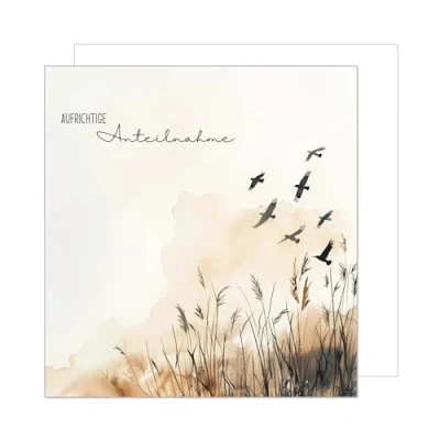 Abbildung von Edition Seidel Premium quadratische Trauerkarte mit Umschlag. Beileidskarte Karte In stiller Trauer Mitgefühl stille Anteilnahme Abschied herzliches Beileid Wiese Vögel Aquarell beige (TQ110 SW024)