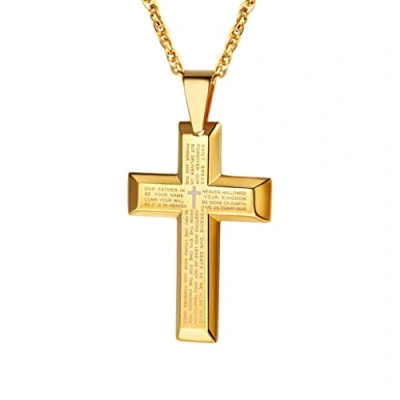Abbildung von PROSTEEL Vaterunser Kreuz Anhänger Halskette 18k vergoldet Edelstahl Kreuzanhänger mit Englischer Inschrift Bibel Gebet Schmuck für Herren Damen, Gold