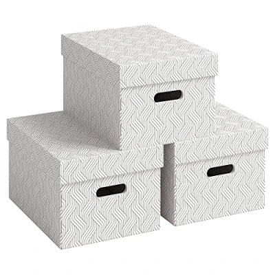 Abbildung von VON Leitz 3er Set Aufbewahrungsbox mit Deckel, 15 L, Medium, 100 % Recyclingkarton, Geometrisches Design, Für Schule, Studium &amp; Haushalt, Weiß, 3 Stück, 61410001