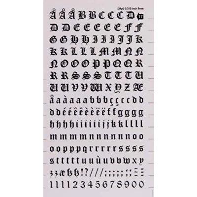 Abbildung von Buchstaben und Zahlen übertragbar, schwarz. Antike 8 mm Schwarz