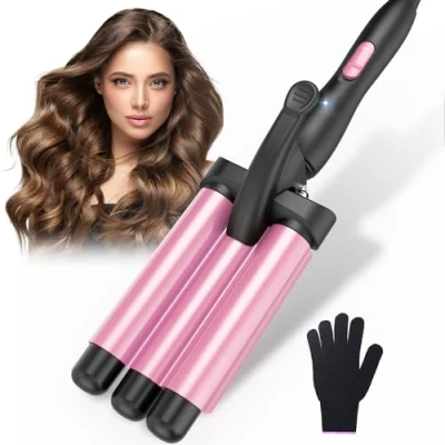 Abbildung von Lockenstab 3 Fässer Beach Waves Welleneisen Einstellbar Schnell Eerhitzendes für Langes Kurzes Haar, Rosa