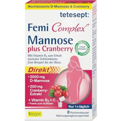 Abbildung von tetesept Femi Complex® Mannose plus Cranberry Zum Erhalt normaler Schleimhäute dank Vitamin B3 Pulver mit 2000 mg D 1 x 8 Portionsbeutel