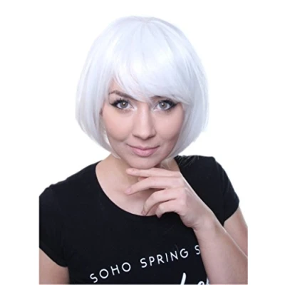 Abbildung von Prettyland Damen Weiß Kurz haar Bob Pony Glatte kurze Manga Anime Cosplay Frau Perücke white short Wig C538