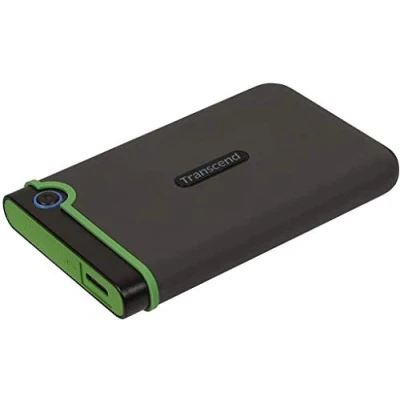 Abbildung von Transcend TS2TSJ25M3G 2TB externe Festplatte (HDD) in dunkelgrün mit Backup Funktion (Datensicherung per Knopfdruck) und Schutzhülle, stoßfest, robust Plug Play
