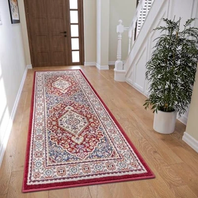 Abbildung von Hanse Home Mochi Orientalischer Teppich Läufer Orientalisch klassisch dicht gewebt mit Ornamenten Vintage Look Weicher Kurzflor für Schlafzimmer, Esszimmer, Wohnzimmer, Flur Rot, 80x240cm