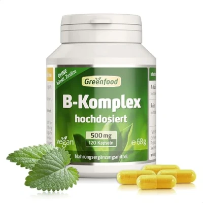 Abbildung von Vitamin B Komplex Hochdosiert mit 500mg Vitaminen pro Tag (120 vegane Kapseln) alle 8 Vitamine (B1, B2, B3, B5, B6, B7, B9, B12) ohne Zusätze und laborgeprüft Greenfood