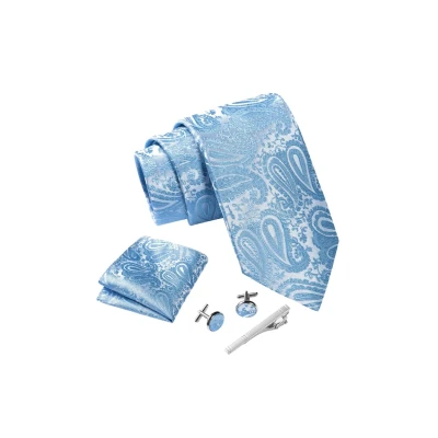Abbildung von Massi Morino Krawatte Paisley Hellblau mit Einstecktuch Set Herren inkl. Manschettenknöpfe, Krawattennadel und Geschenkbox Männer Krawattenset
