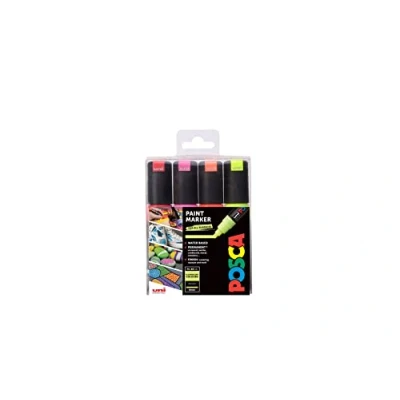 Abbildung von POSCA 153544859 PC 8K „Fluorescent Paint in a Pen“ Set, 8 mm breite Keilspitze aus Acryl, wasserbasierte Filzstifte, 4 Farben